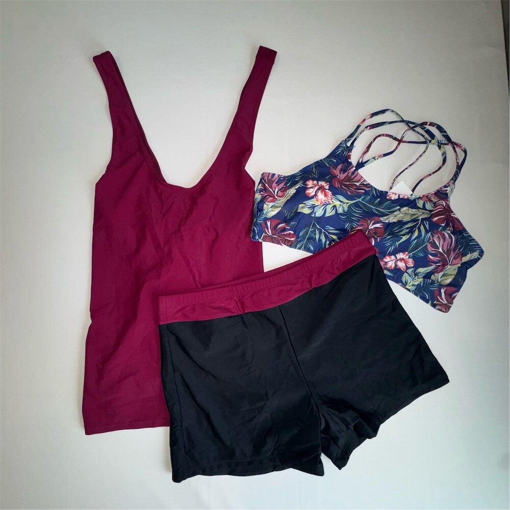 Holipick Tankini Swimsuit Set‎ Womens XL Maroon Floral Strappy Boyshorts